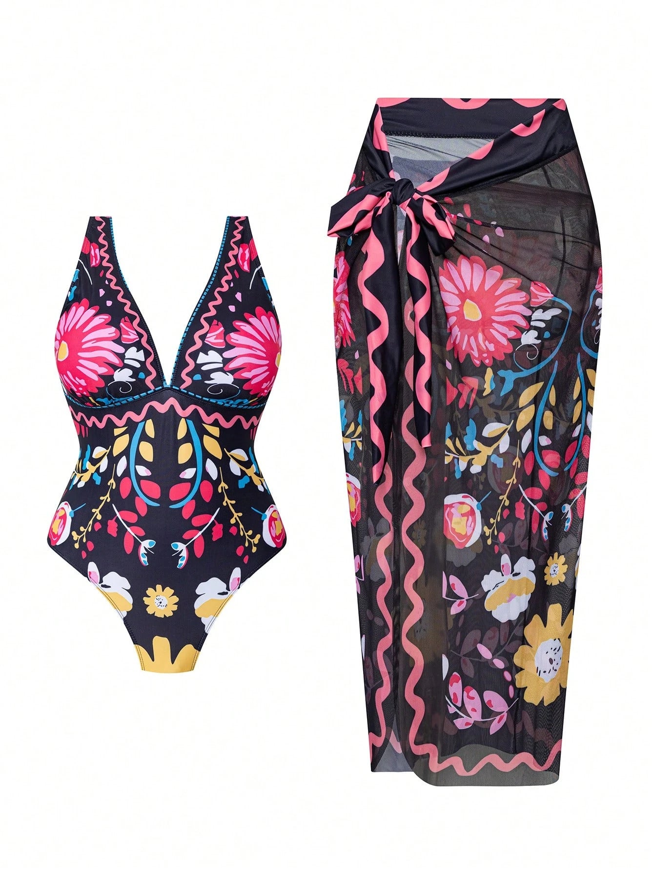 Swim Oasis Plus Size Women 2-Piece Set Graphic Print Boho Slimming Tummy-Control Long Semi-Sheer Mesh Skirt V-Neck One-Piece Swimsuit Outfit Beach Black Summer