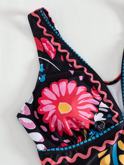 Swim Oasis Plus Size Women 2-Piece Set Graphic Print Boho Slimming Tummy-Control Long Semi-Sheer Mesh Skirt V-Neck One-Piece Swimsuit Outfit Beach Black Summer