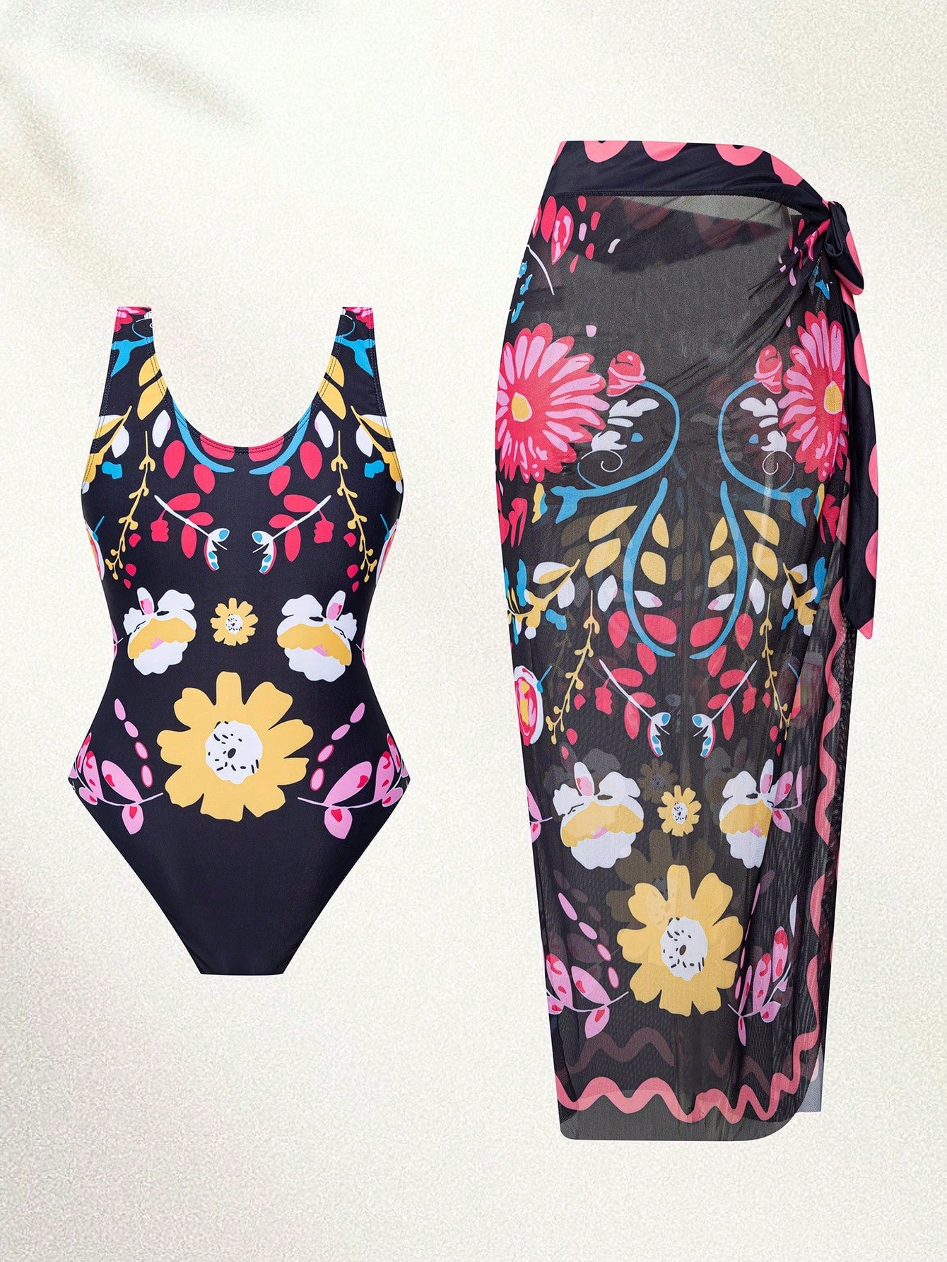 Swim Oasis Plus Size Women 2-Piece Set Graphic Print Boho Slimming Tummy-Control Long Semi-Sheer Mesh Skirt V-Neck One-Piece Swimsuit Outfit Beach Black Summer