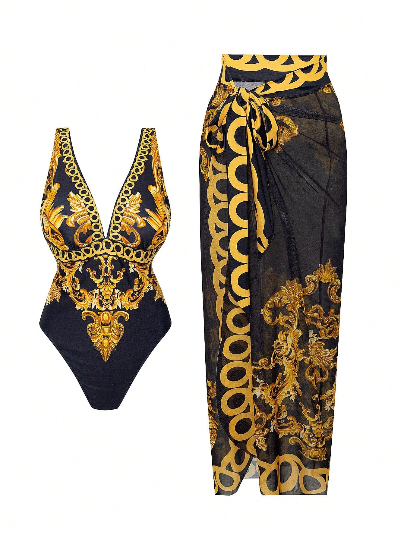 Swim Oasis Plus Size Women 2-Piece Set Graphic Print Boho Slimming Tummy-Control Long Semi-Sheer Mesh Skirt V-Neck One-Piece Swimsuit Outfit Beach Black Summer