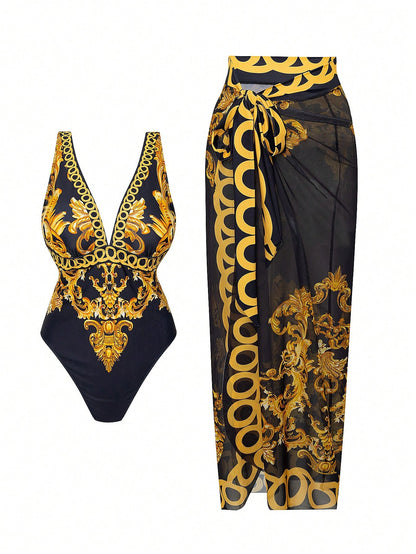 Swim Oasis Plus Size Women 2-Piece Set Graphic Print Boho Slimming Tummy-Control Long Semi-Sheer Mesh Skirt V-Neck One-Piece Swimsuit Outfit Beach Black Summer