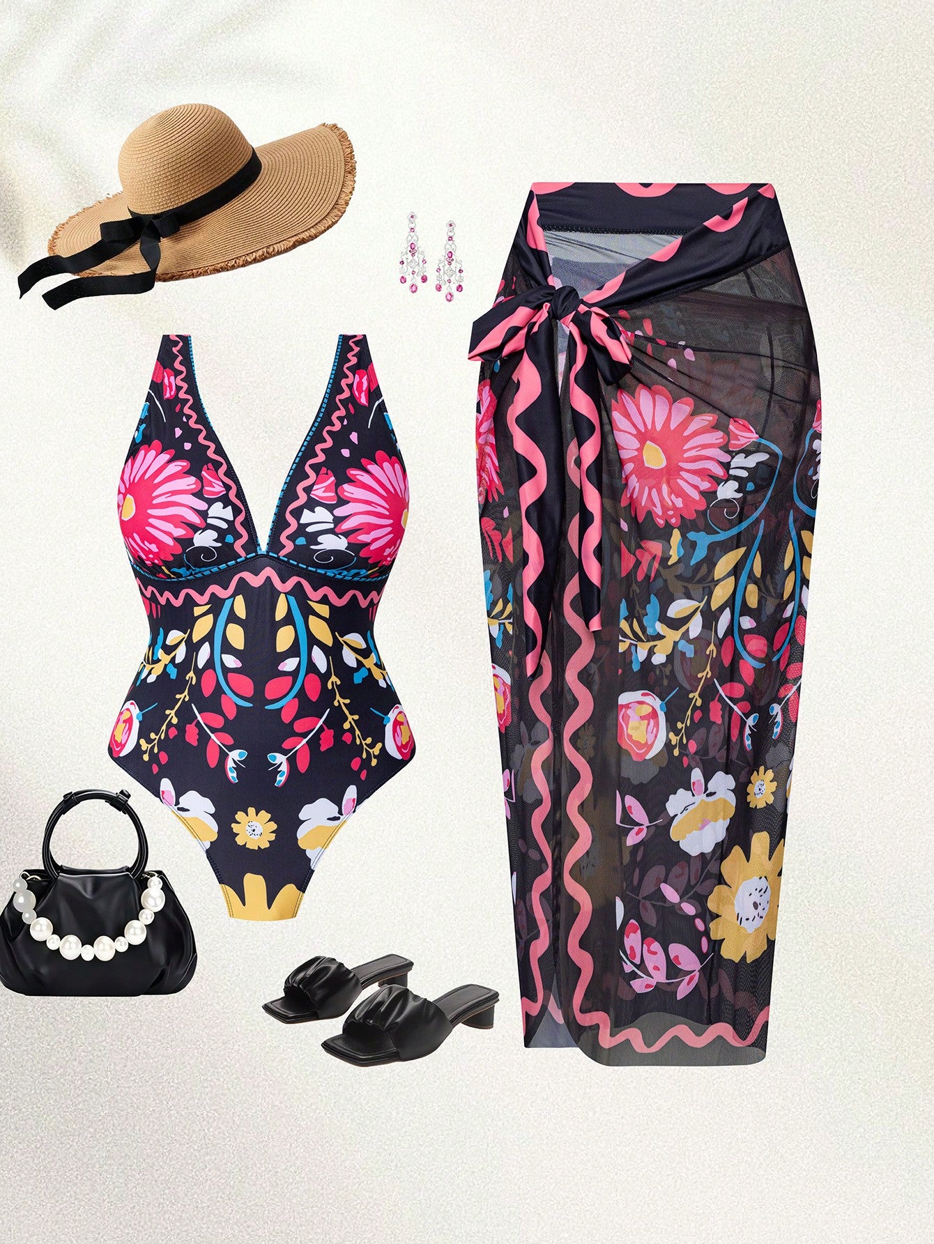 Swim Oasis Plus Size Women 2-Piece Set Graphic Print Boho Slimming Tummy-Control Long Semi-Sheer Mesh Skirt V-Neck One-Piece Swimsuit Outfit Beach Black Summer