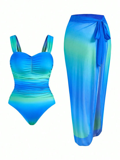 Swim Oasis Plus Size Women 2pcs Set Ombre Ruffled One-Piece Swimsuit For Summer Beach Vacation