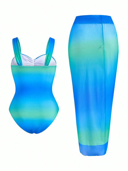 Swim Oasis Plus Size Women 2pcs Set Ombre Ruffled One-Piece Swimsuit For Summer Beach Vacation