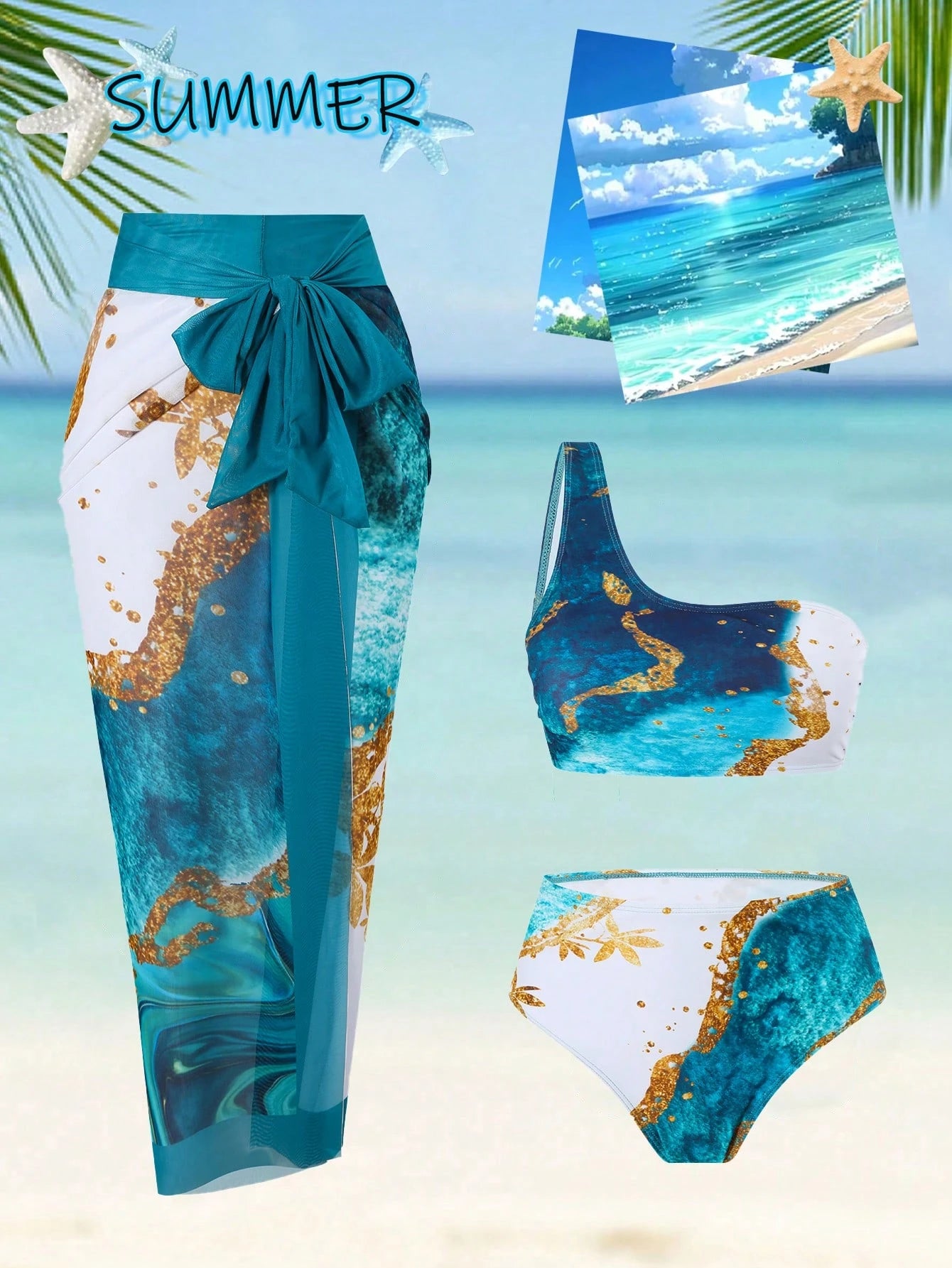 Swim Oasis Plus Size Women's 3-Piece Set Floral Printed One Shoulder Bikini Swimwear With Sarong Cover Up Summer