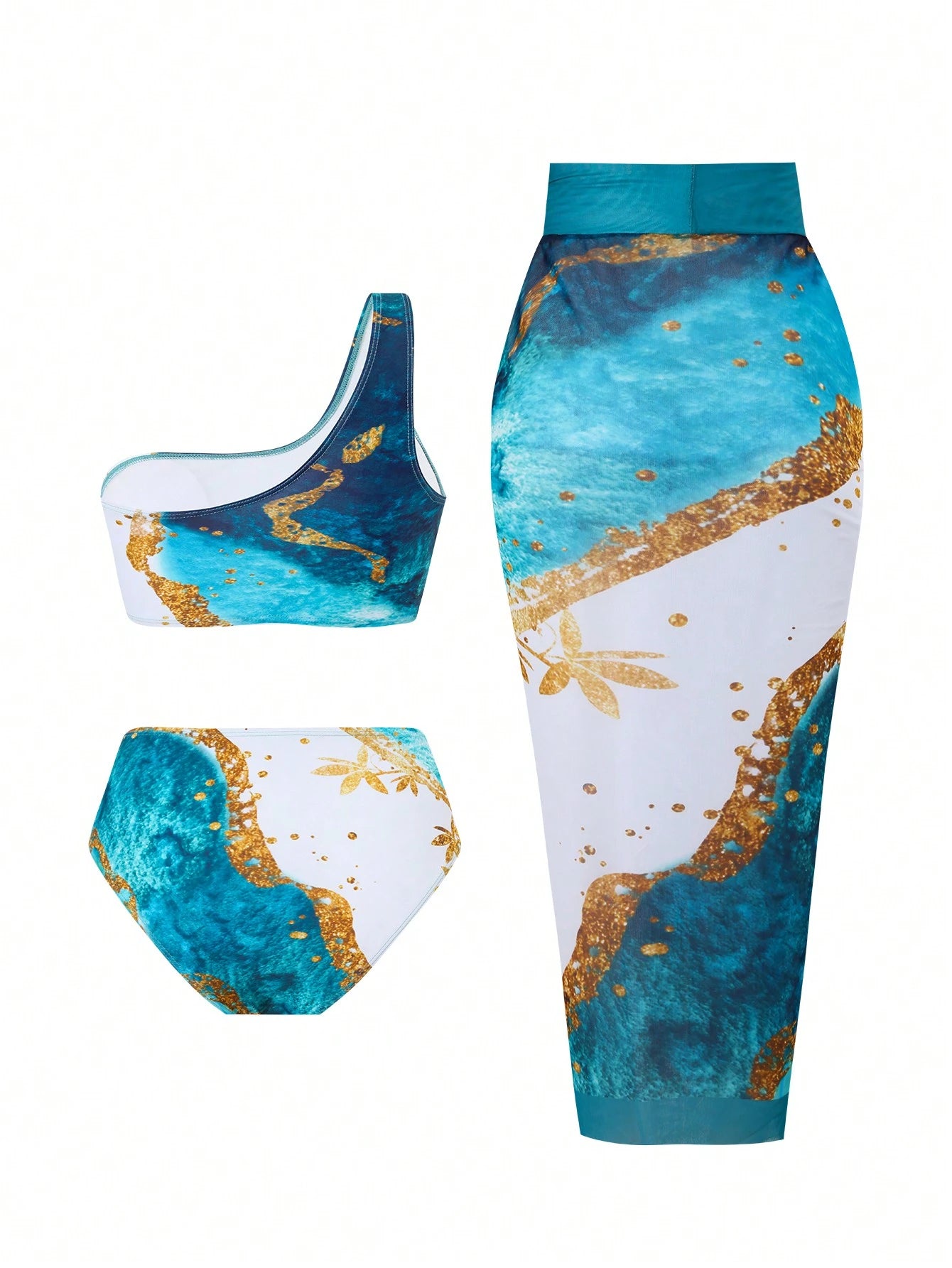 Swim Oasis Plus Size Women's 3-Piece Set Floral Printed One Shoulder Bikini Swimwear With Sarong Cover Up Summer