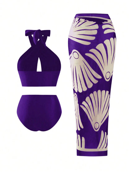 Swim Oasis Plus Size Women's Pink Criss-Cross Hollow Out Top,High Waist Bikini Bottom SetPrinted Mesh Maxi Dress For Summer Beach Vacation Vacation Holiday