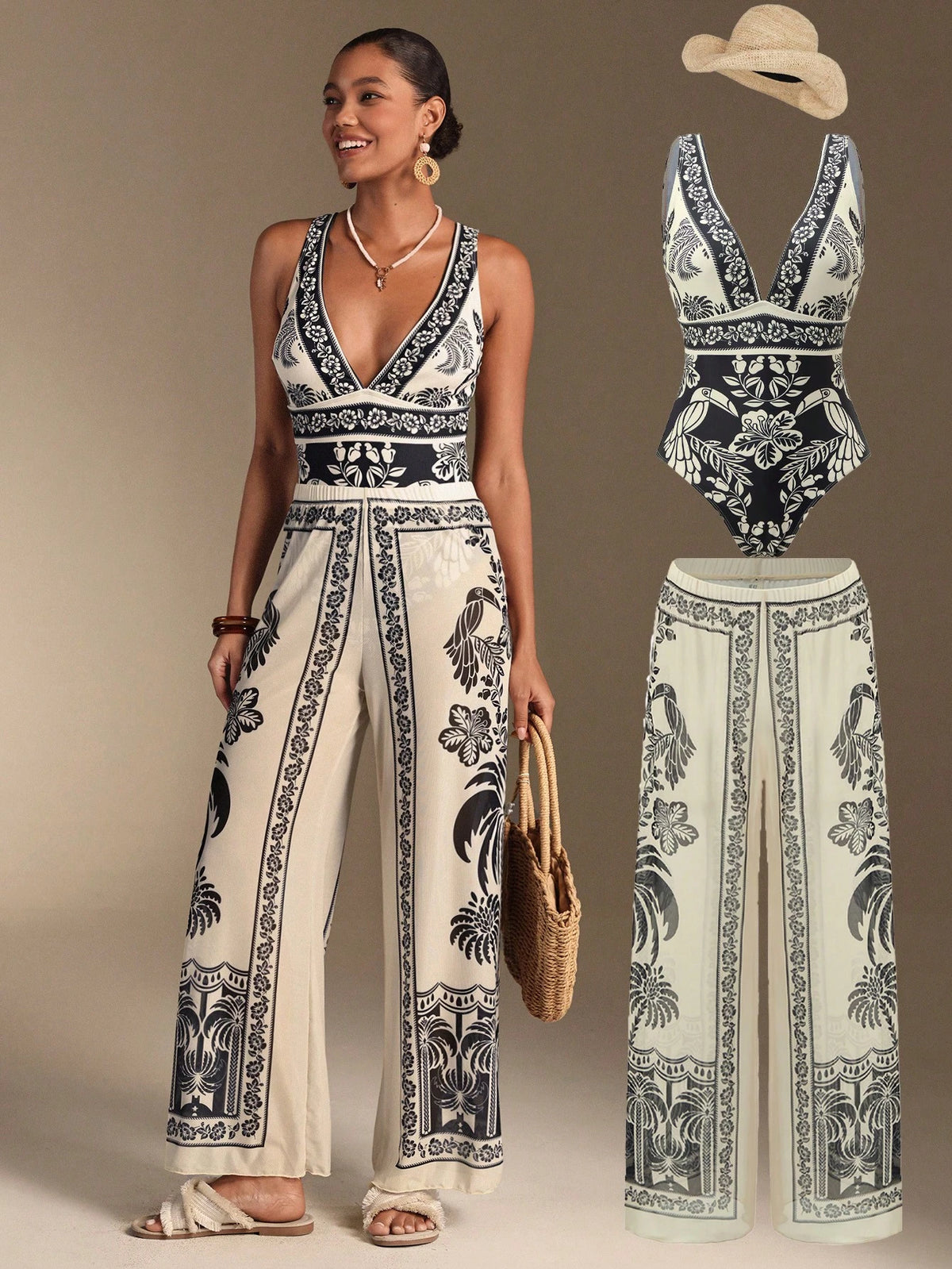 Swim Oasis Women Elegant Black & White Seashell BOHO One-Piece Swimsuit & Skirt 2-Piece Set,High Waisted Summer Beach Outfits,Fashionable Holiday Vacation,2026