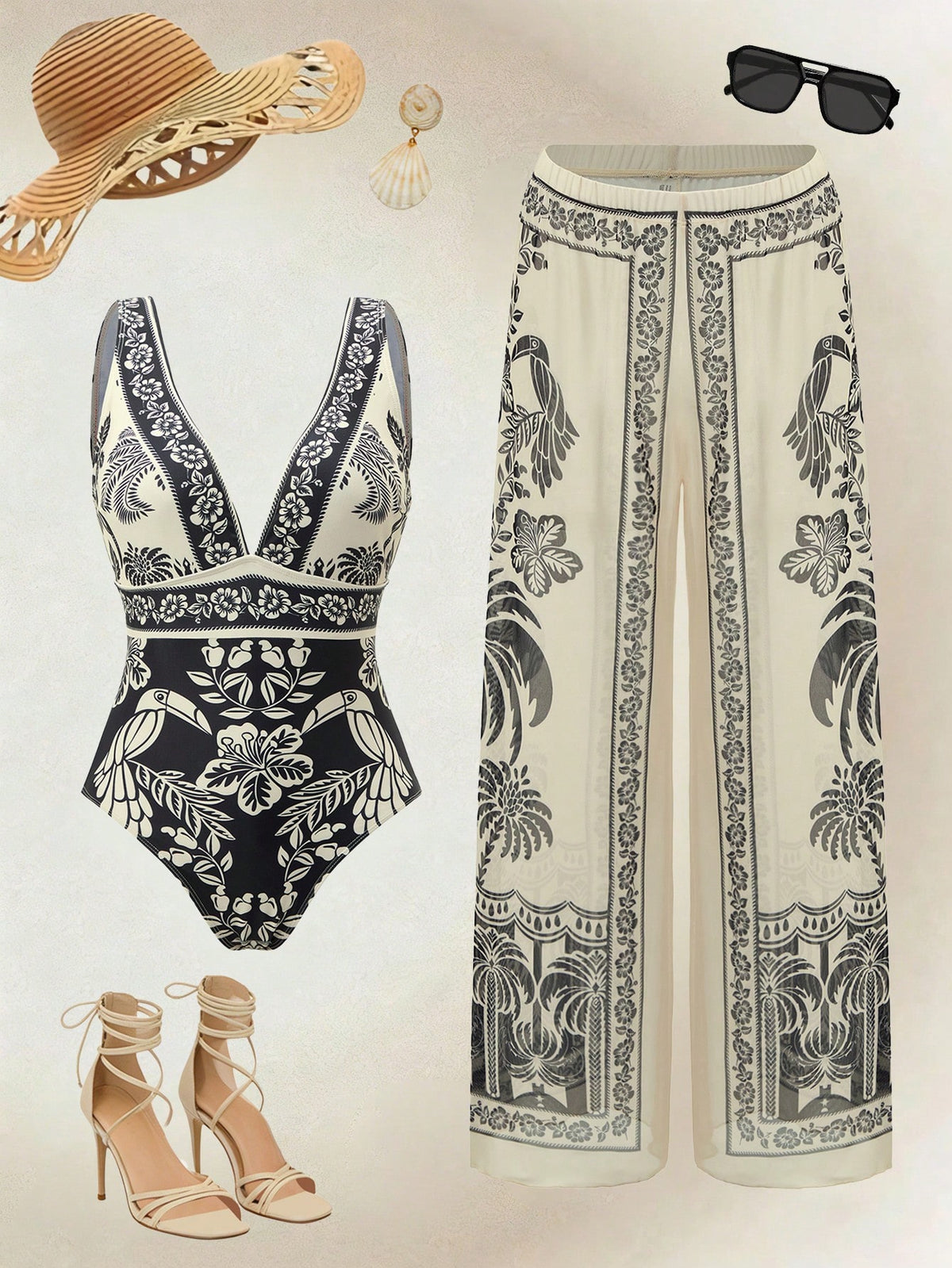 Swim Oasis Women Elegant Black & White Seashell BOHO One-Piece Swimsuit & Skirt 2-Piece Set,High Waisted Summer Beach Outfits,Fashionable Holiday Vacation,2026