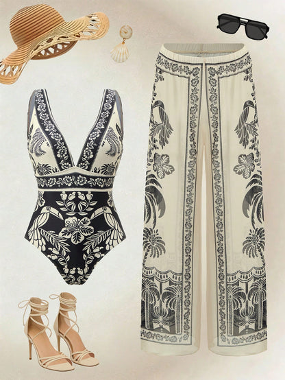 Swim Oasis Women Elegant Black & White Seashell BOHO One-Piece Swimsuit & Skirt 2-Piece Set,High Waisted Summer Beach Outfits,Fashionable Holiday Vacation,2026