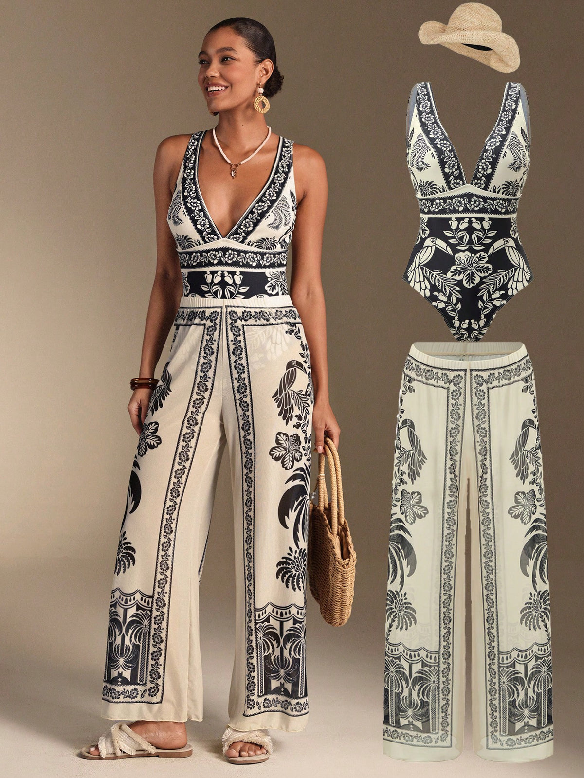 Swim Oasis Women Elegant Black & White Seashell BOHO One-Piece Swimsuit & Skirt 2-Piece Set,High Waisted Summer Beach Outfits,Fashionable Holiday Vacation,2026