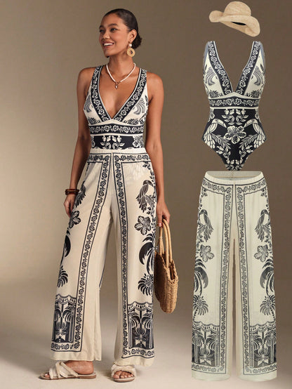 Swim Oasis Women Elegant Black & White Seashell BOHO One-Piece Swimsuit & Skirt 2-Piece Set,High Waisted Summer Beach Outfits,Fashionable Holiday Vacation,2026