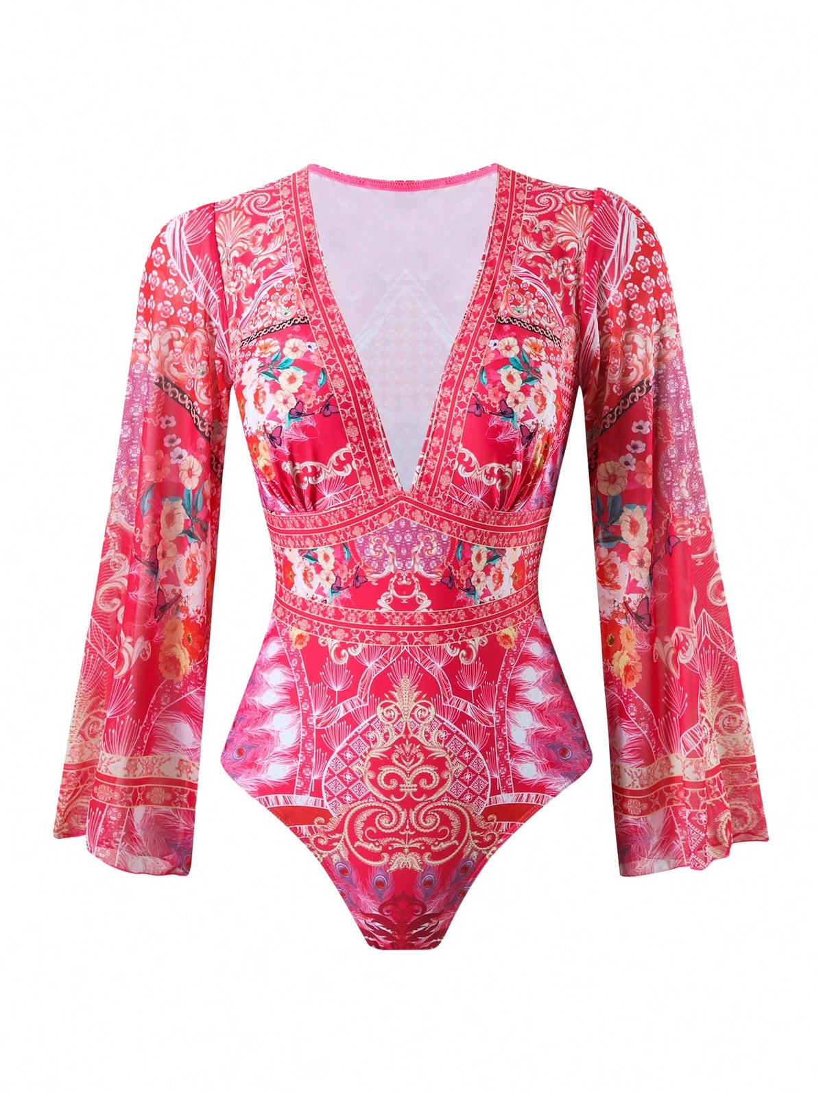 Swim Oasis Women's Deep V-Neck Long Sleeve Random Floral Print Mesh Cover-Up And Vintage Floral Printed Tankini Swimwear Set, Elegant Beach Summer Outfits'