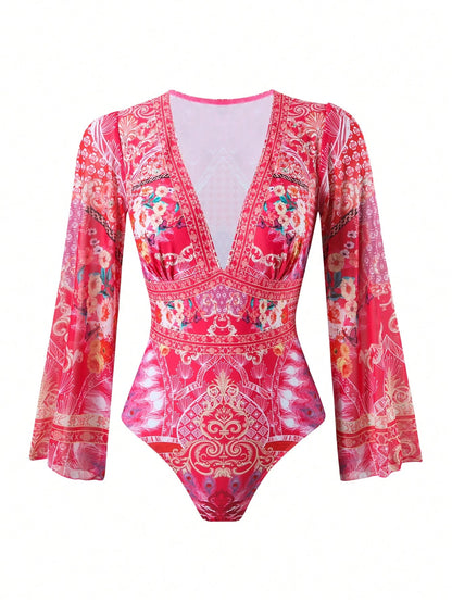 Swim Oasis Women's Deep V-Neck Long Sleeve Random Floral Print Mesh Cover-Up And Vintage Floral Printed Tankini Swimwear Set, Elegant Beach Summer Outfits'