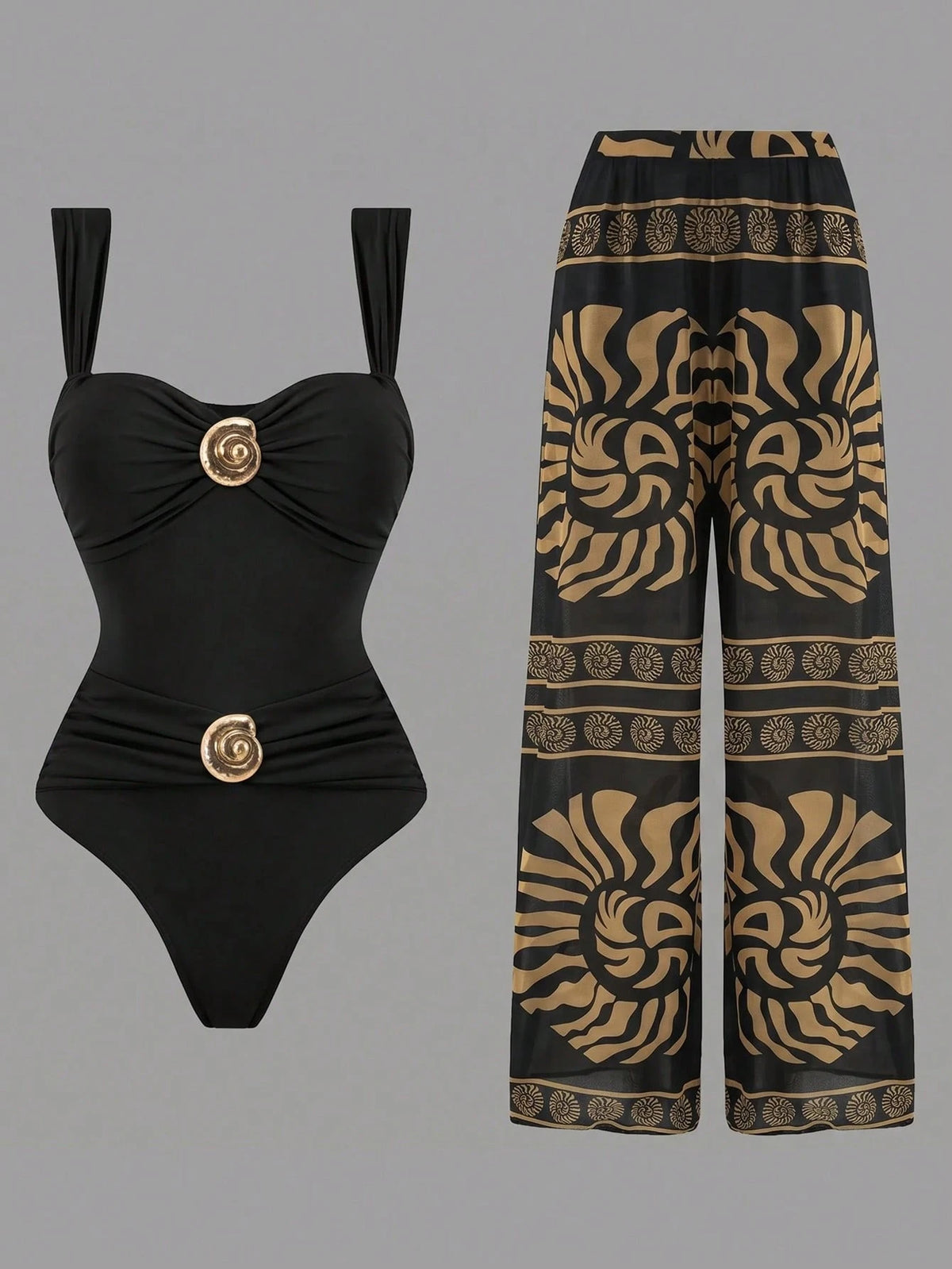 Swim Oasis Women's Summer 2-Piece Swimsuit Set With Ruched One-Piece Top, Shell Trim, Random Print Long Pants, Beach Vacation