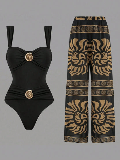 Swim Oasis Women's Summer 2-Piece Swimsuit Set With Ruched One-Piece Top, Shell Trim, Random Print Long Pants, Beach Vacation