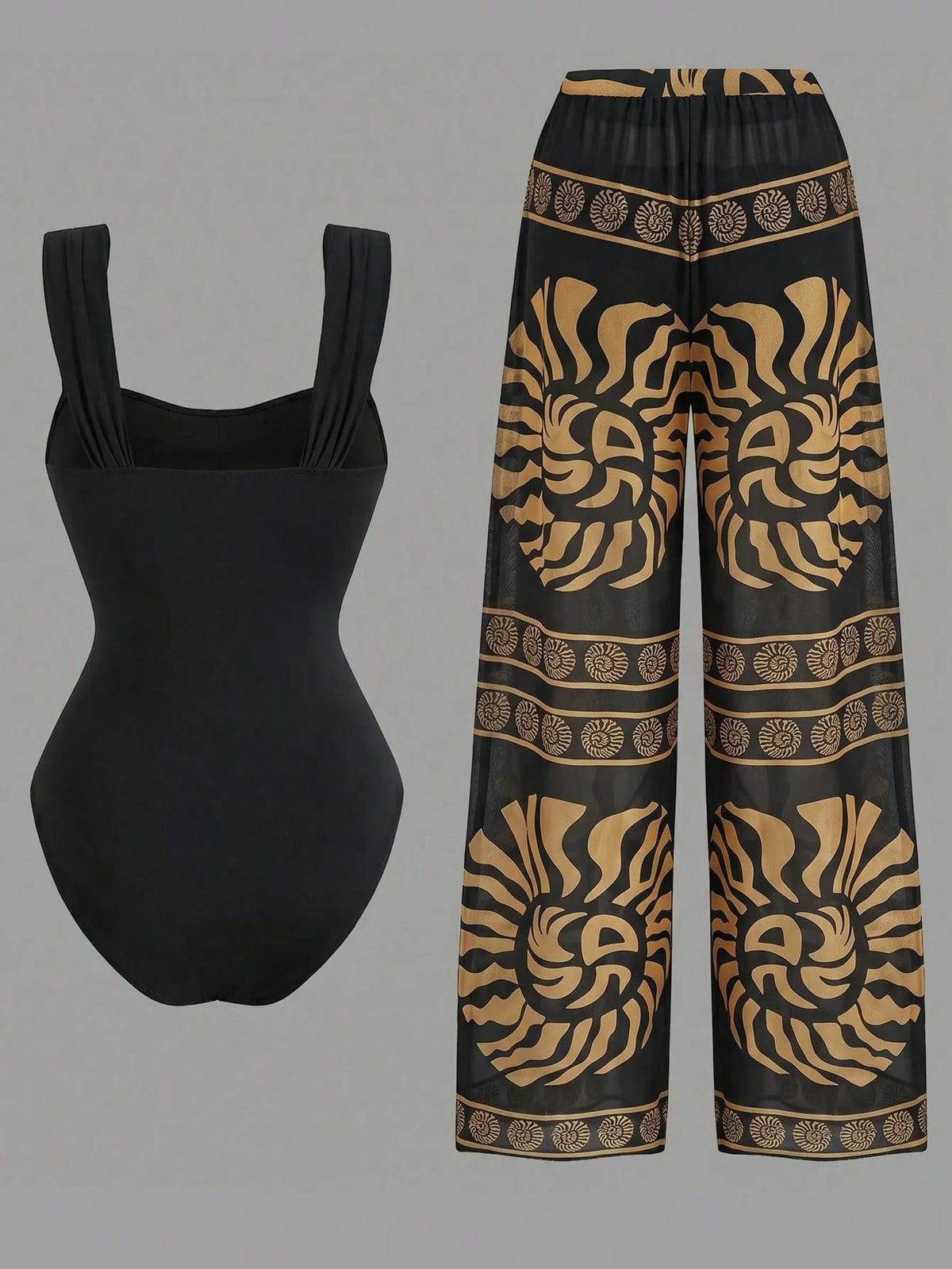 Swim Oasis Women's Summer 2-Piece Swimsuit Set With Ruched One-Piece Top, Shell Trim, Random Print Long Pants, Beach Vacation