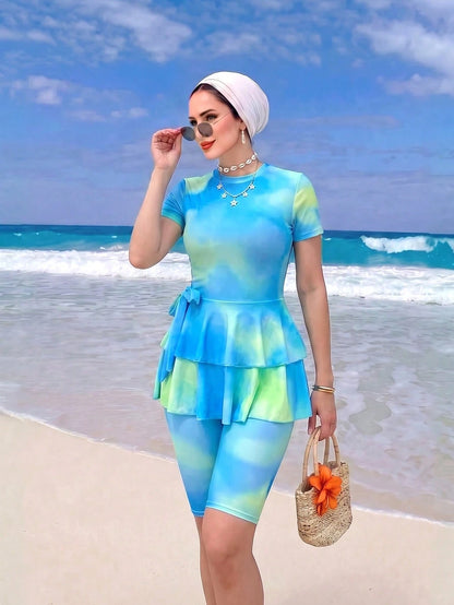 Swim Shayni Women's Ombre Ruffle Tiered Modest Conservative Swimsuit, Short Sleeve High Neck Mid-Leg Capris, Two Pieces Swimwear Pool Party Baby Blue
