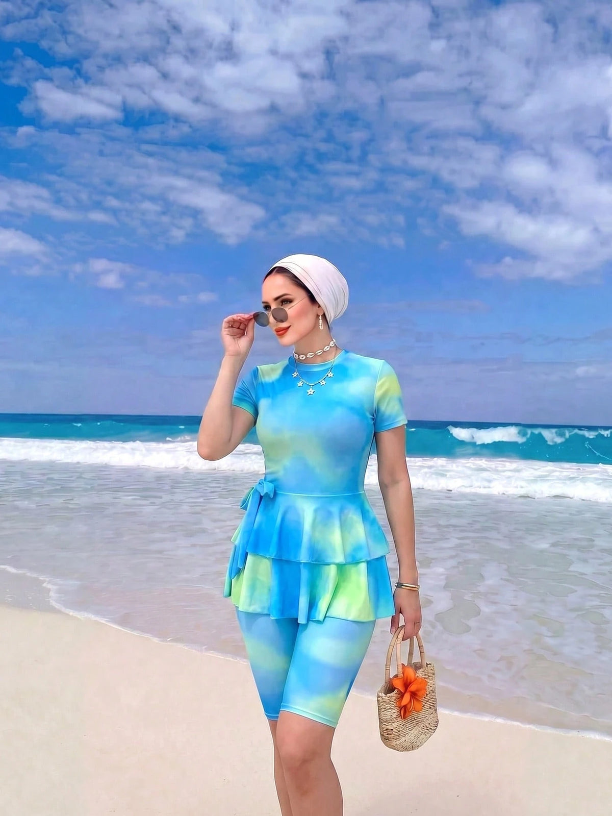 Swim Shayni Women's Ombre Ruffle Tiered Modest Conservative Swimsuit, Short Sleeve High Neck Mid-Leg Capris, Two Pieces Swimwear Pool Party Baby Blue
