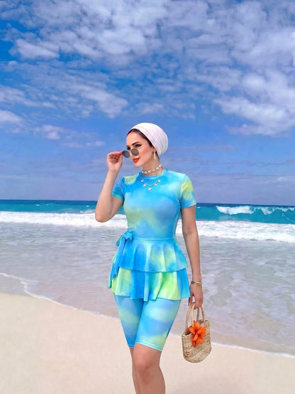 Swim Shayni Women's Ombre Ruffle Tiered Modest Conservative Swimsuit, Short Sleeve High Neck Mid-Leg Capris, Two Pieces Swimwear Pool Party Baby Blue