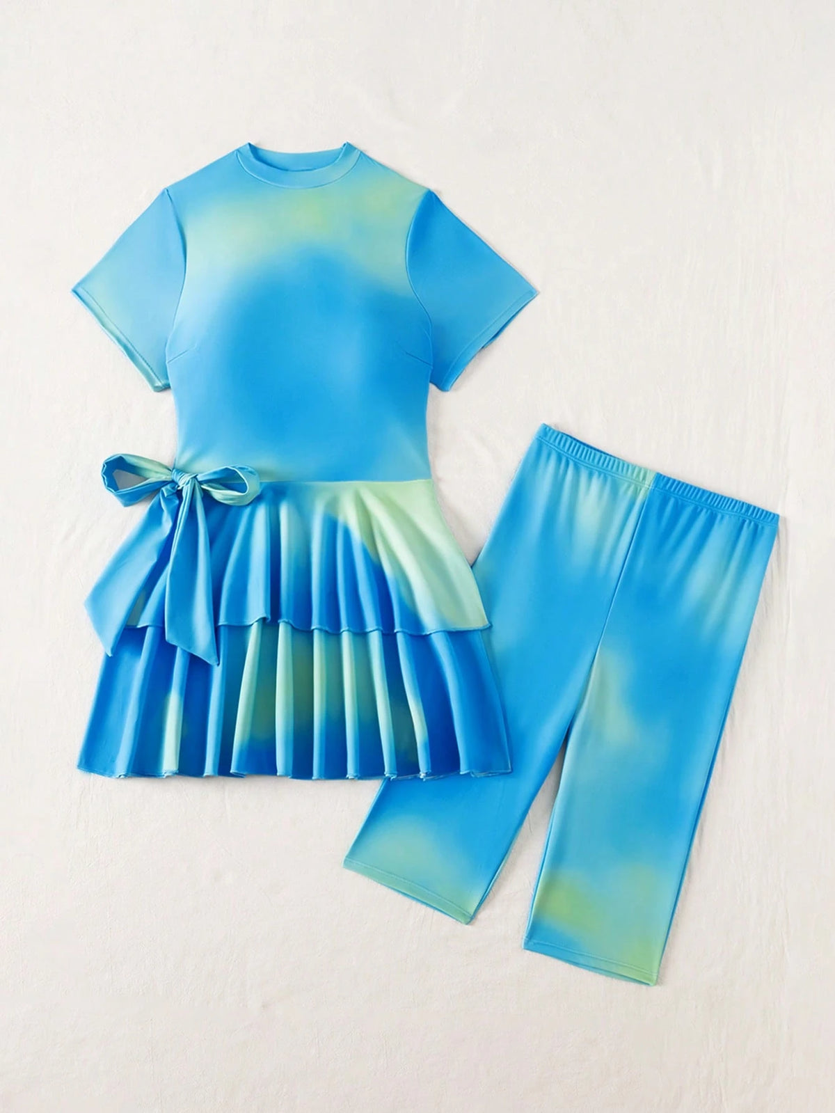 Swim Shayni Women's Ombre Ruffle Tiered Modest Conservative Swimsuit, Short Sleeve High Neck Mid-Leg Capris, Two Pieces Swimwear Pool Party Baby Blue
