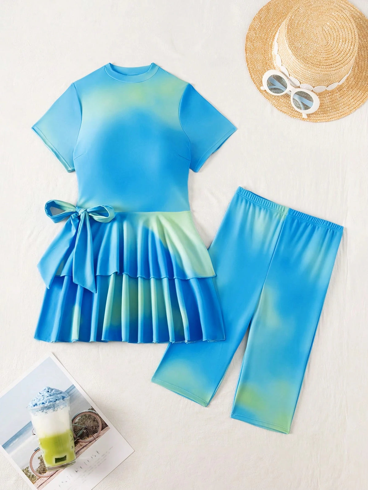 Swim Shayni Women's Ombre Ruffle Tiered Modest Conservative Swimsuit, Short Sleeve High Neck Mid-Leg Capris, Two Pieces Swimwear Pool Party Baby Blue