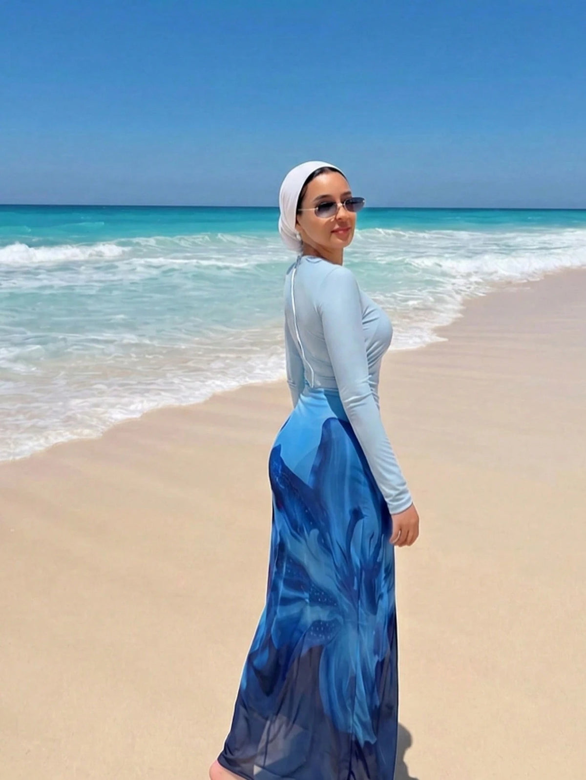 Swim Shayni Women's Solid Color Gradient Lily One-Piece Swimsuit, Shorts, Skirt And Robe Set, Suitable For Pool Party, Beach Vacation And Daily Wear, Summer Beach Women's Swimwear Set, Arabic Style, W