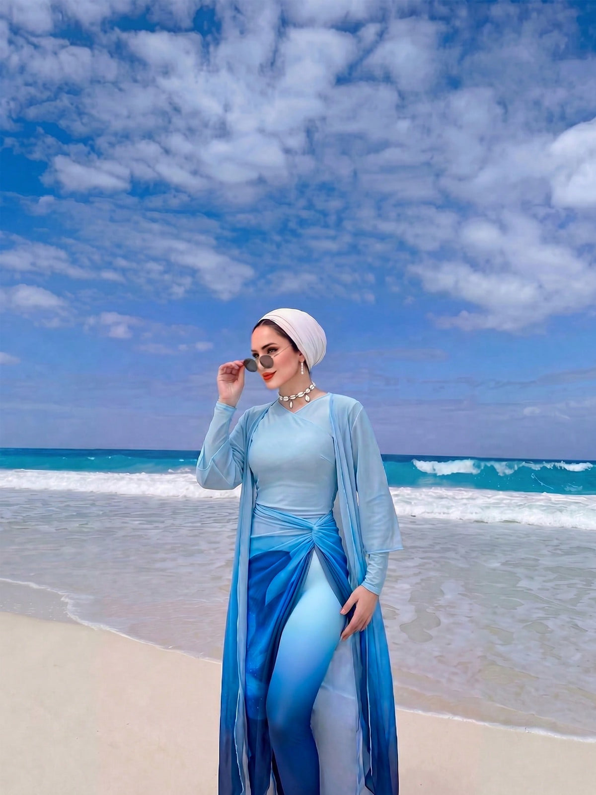 Swim Shayni Women's Solid Color Gradient Lily One-Piece Swimsuit, Shorts, Skirt And Robe Set, Suitable For Pool Party, Beach Vacation And Daily Wear, Summer Beach Women's Swimwear Set, Arabic Style, W