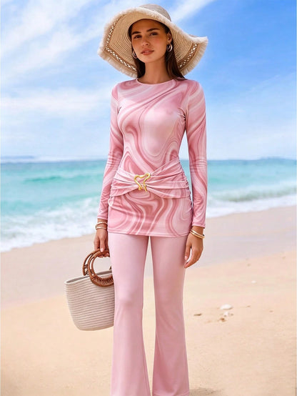 Swim Shayni Women's Summer Beach Vacation Pink Marble Print Long-Sleeve Top And Flared Pants Swimwear Set,Modest Two-Piece Swimsuit For Muslim Women