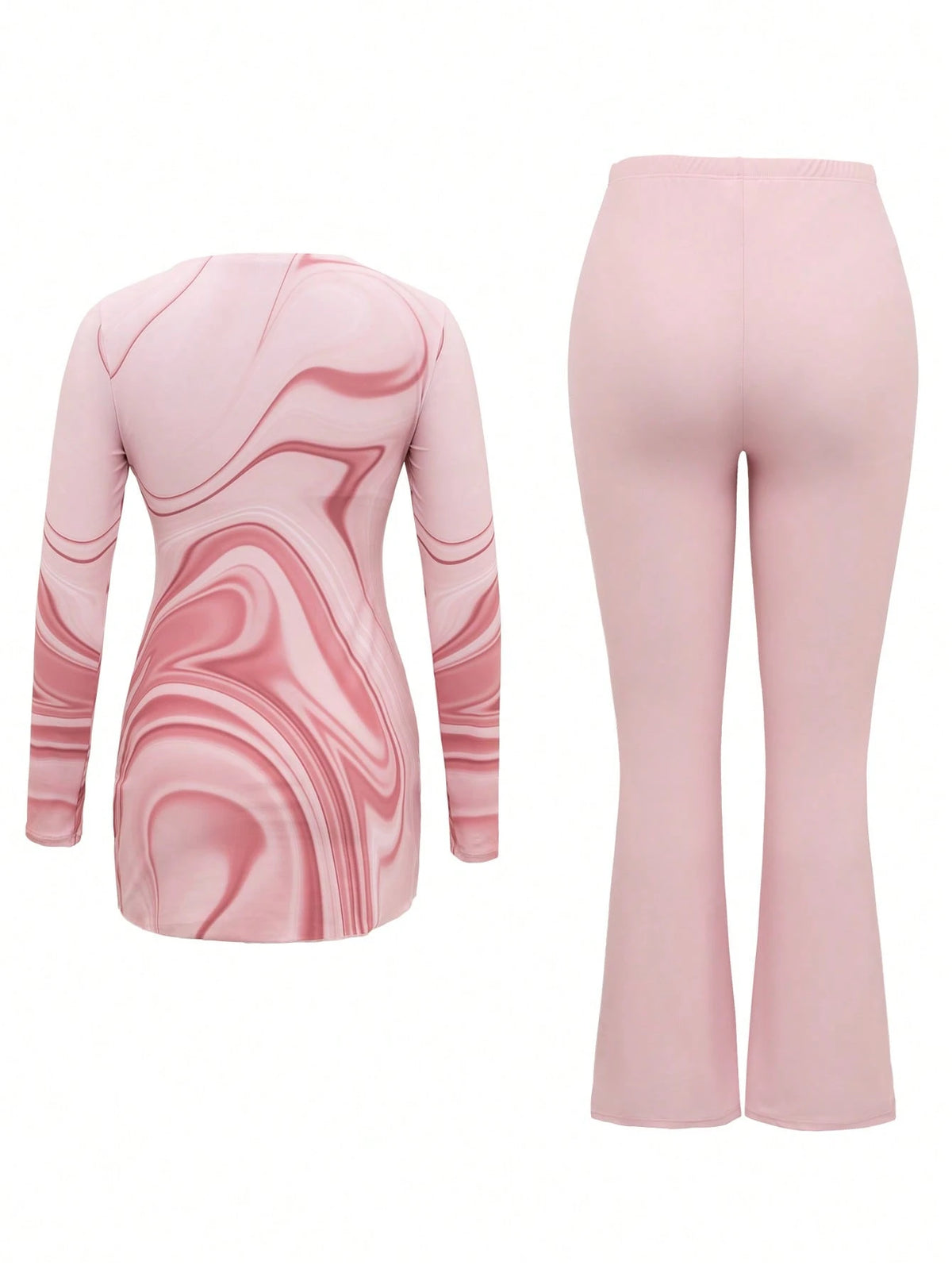 Swim Shayni Women's Summer Beach Vacation Pink Marble Print Long-Sleeve Top And Flared Pants Swimwear Set,Modest Two-Piece Swimsuit For Muslim Women
