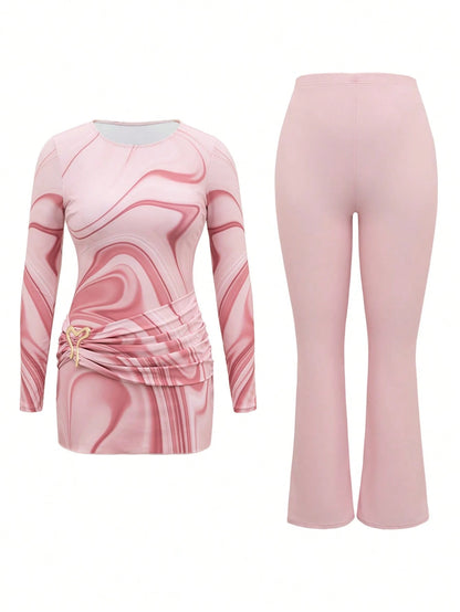 Swim Shayni Women's Summer Beach Vacation Pink Marble Print Long-Sleeve Top And Flared Pants Swimwear Set,Modest Two-Piece Swimsuit For Muslim Women