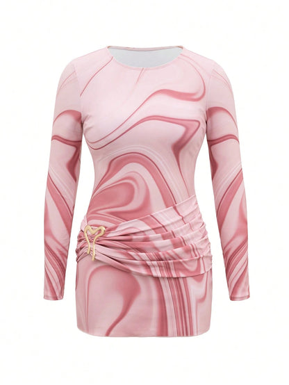Swim Shayni Women's Summer Beach Vacation Pink Marble Print Long-Sleeve Top And Flared Pants Swimwear Set,Modest Two-Piece Swimsuit For Muslim Women