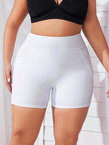 Swim SPRTY Plus Size Summer Beach Solid Color Shorts Bikini Bottom With Pocket