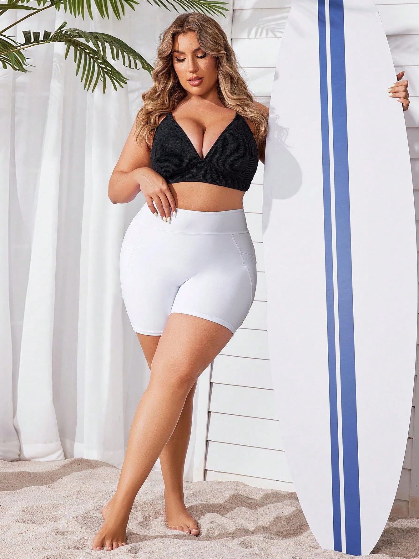 Swim SPRTY Plus Size Summer Beach Solid Color Shorts Bikini Bottom With Pocket