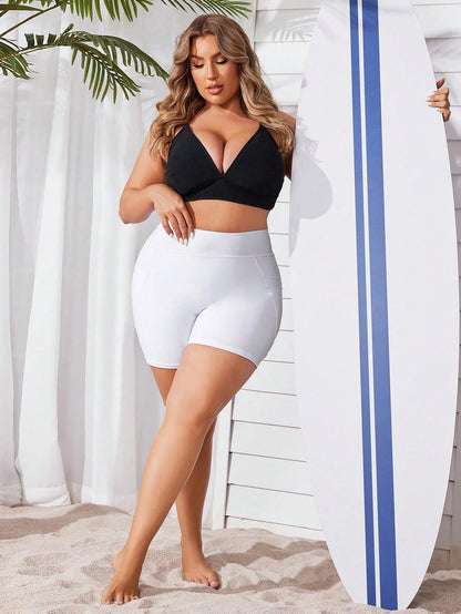 Swim SPRTY Plus Size Summer Beach Solid Color Shorts Bikini Bottom With Pocket
