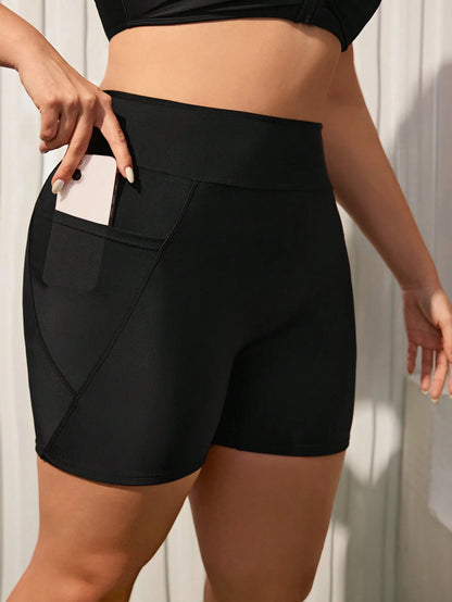 Swim SPRTY Plus Size Summer Beach Solid Color Shorts Bikini Bottom With Pocket