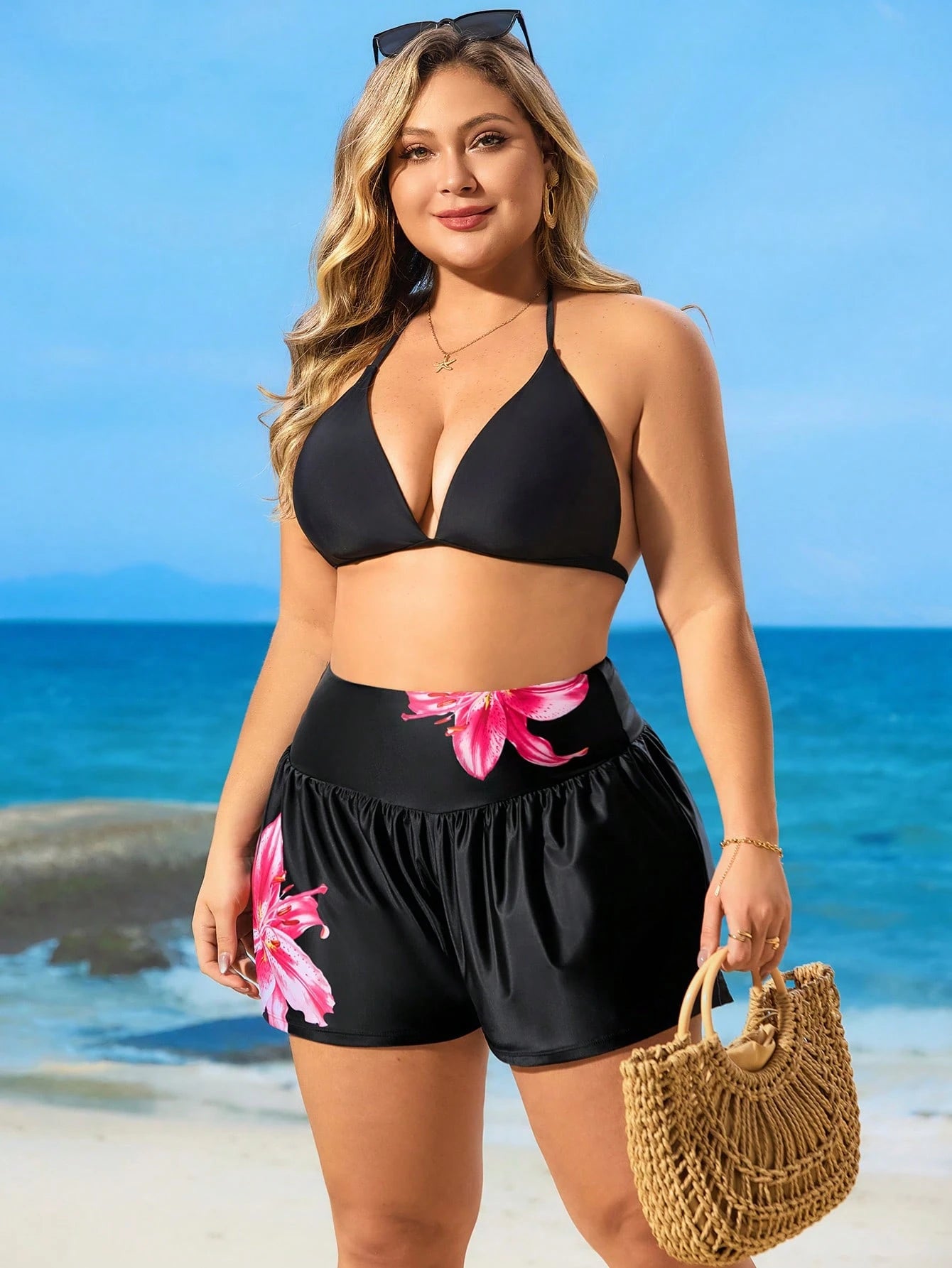 Swim SPRTY Plus Size Women Lily Print Shirred High Waist Bikini Bottom Swim Bottoms For Summer Beach Vacation