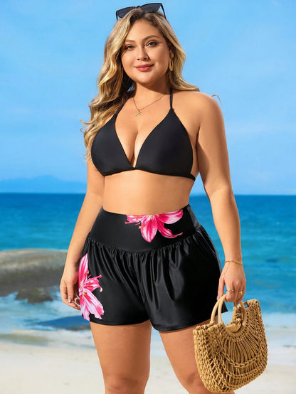 Swim SPRTY Plus Size Women Lily Print Shirred High Waist Bikini Bottom Swim Bottoms For Summer Beach Vacation
