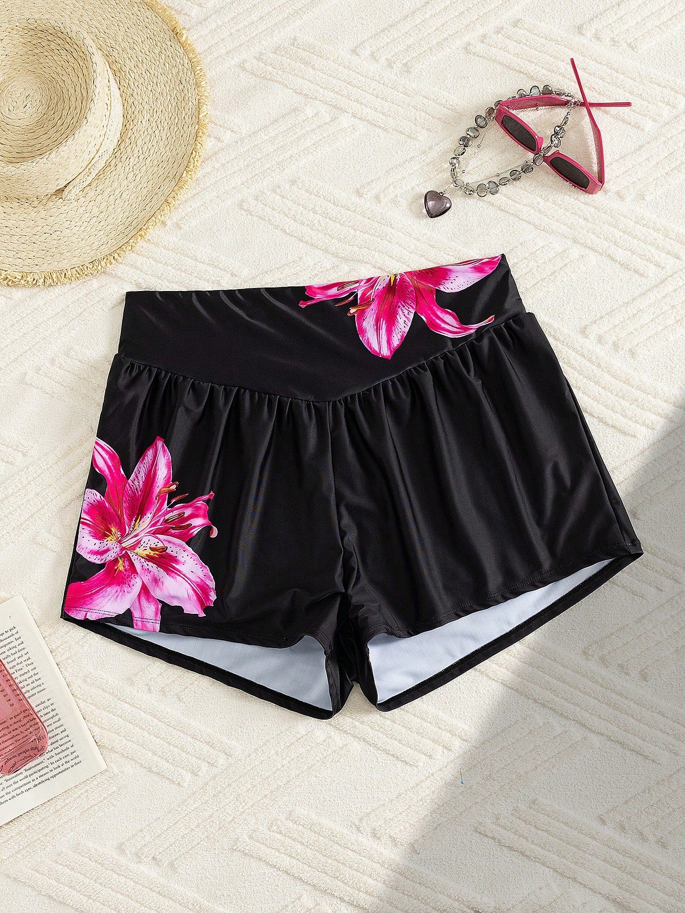 Swim SPRTY Plus Size Women Lily Print Shirred High Waist Bikini Bottom Swim Bottoms For Summer Beach Vacation