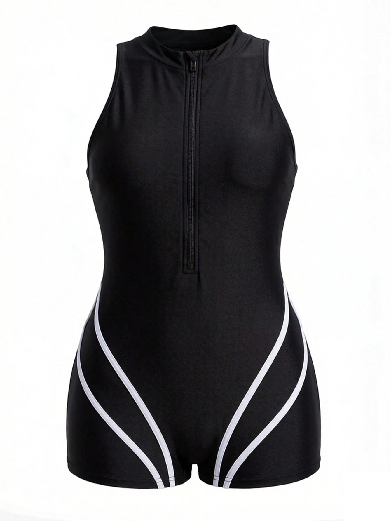Swim SPRTY Plus Size Women's Striped Zipper Half-Placket Casual One-Piece Swimsuit With Shorts For Summer Vacation