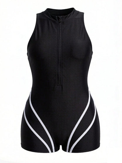 Swim SPRTY Plus Size Women's Striped Zipper Half-Placket Casual One-Piece Swimsuit With Shorts For Summer Vacation