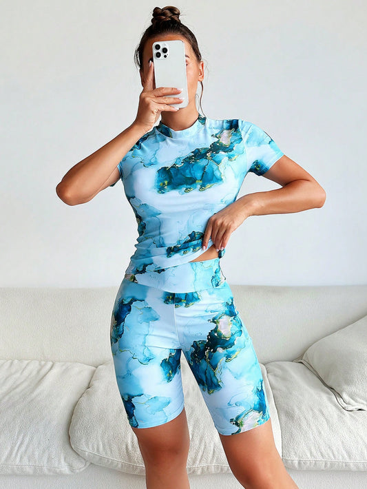 Swim SPRTY Summer Beach Marble Print Rashguard With Short Sleeve