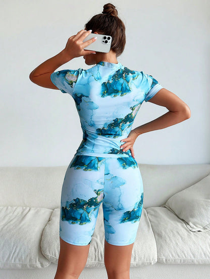 Swim SPRTY Summer Beach Marble Print Rashguard With Short Sleeve