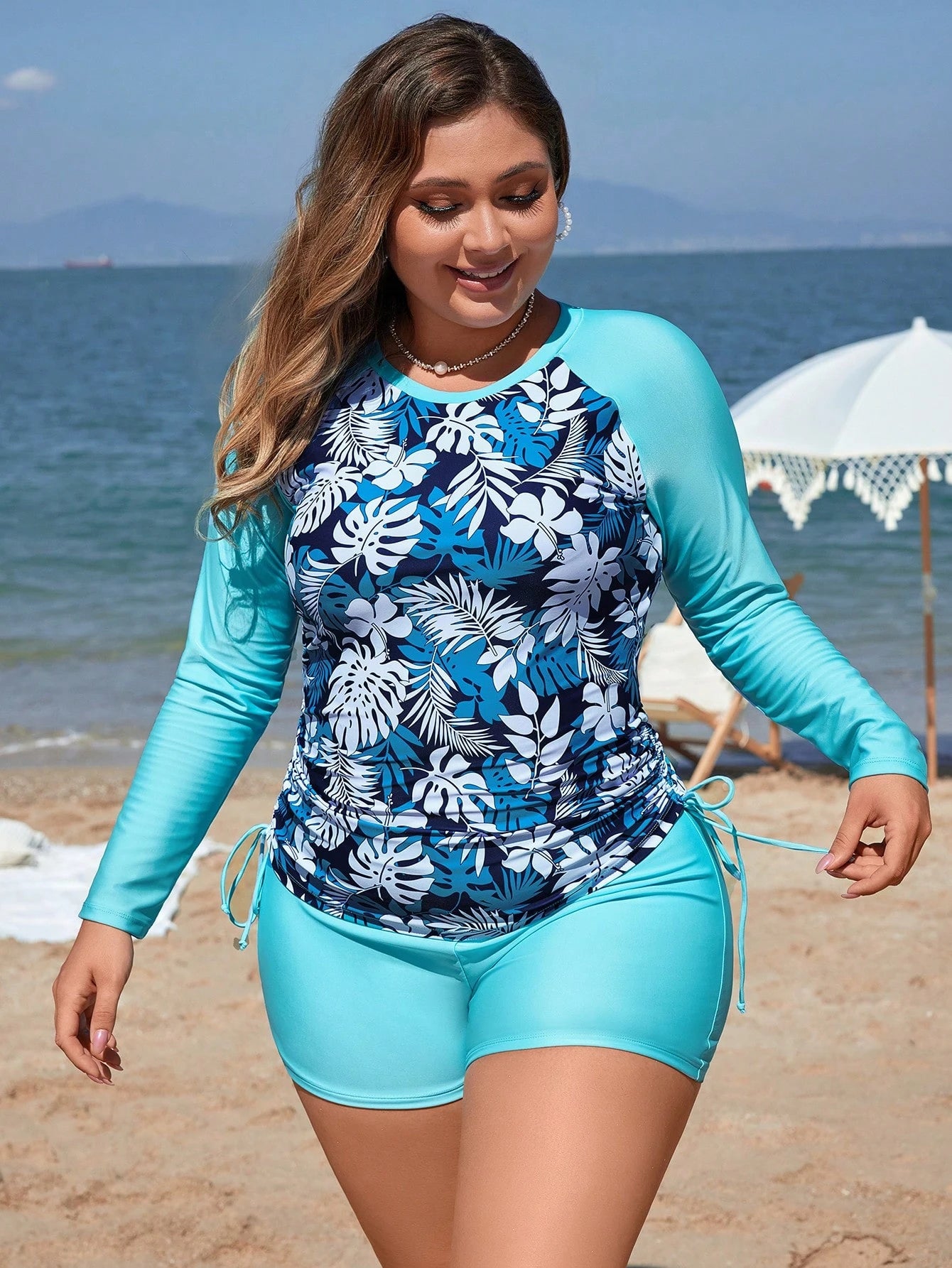Swim SPRTY Summer Beach Plus Size Women's Tropical Printed Raglan Sleeve Top And Shorts Swimsuit Set