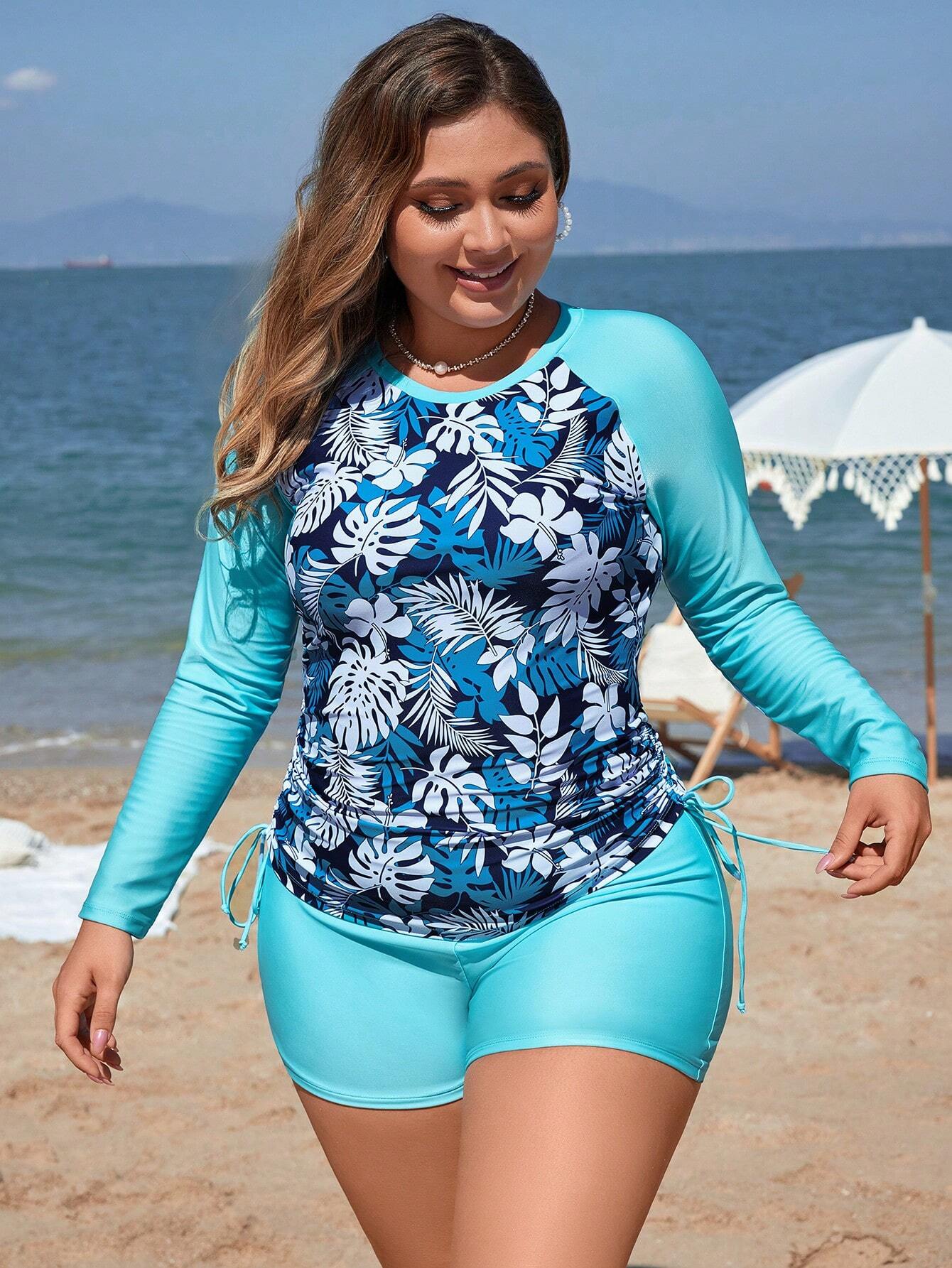 Swim SPRTY Summer Beach Plus Size Women's Tropical Printed Raglan Sleeve Top And Shorts Swimsuit Set