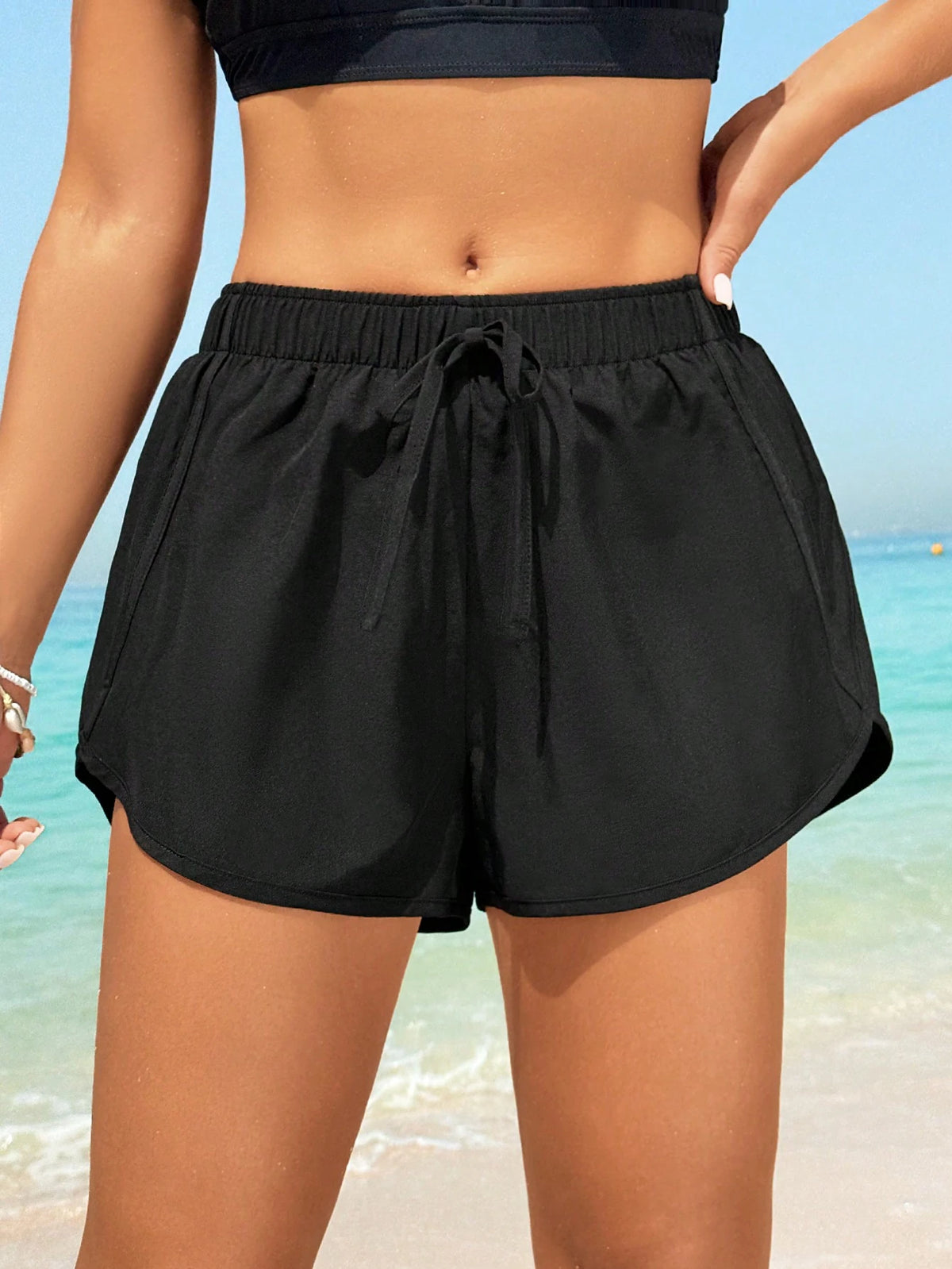 Swim SPRTY Teal Women's Solid Color Tie-Up Swimwear Bottom,Summer Casual Beach Holiday Swim Shorts,Comfortable Bathing Suit Shorts For Resort,Boho Cruise,Island
