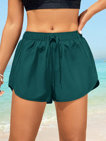 Swim SPRTY Teal Women's Solid Color Tie-Up Swimwear Bottom,Summer Casual Beach Holiday Swim Shorts,Comfortable Bathing Suit Shorts For Resort,Boho Cruise,Island