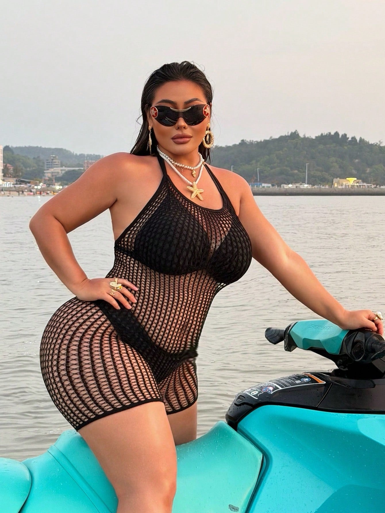 Swim SXY 2026 New Sexy & Romantic High Elasticity Knit Halter Sleeveless Black Plus Size Cover Up