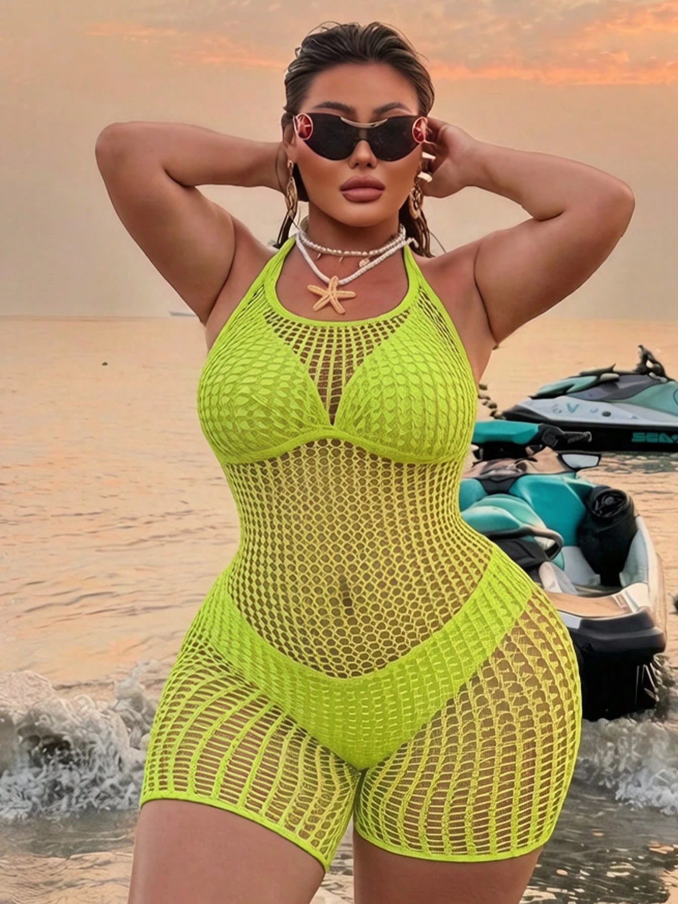 Swim SXY 2026 New Sexy & Romantic High Elasticity Knit Halter Sleeveless Black Plus Size Cover Up