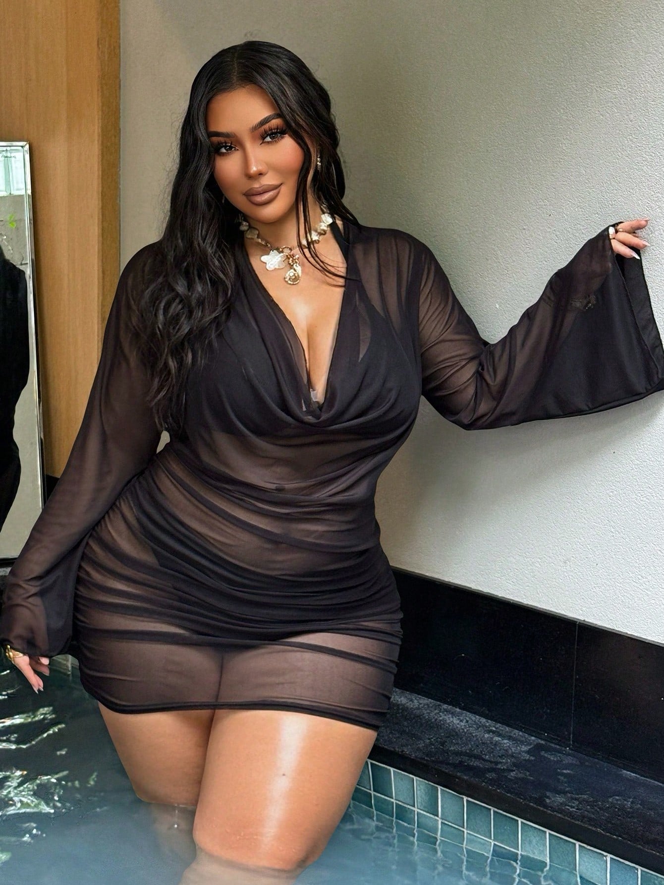 Swim SXY 2026 New Summer Beach Vacation Sexy Women's Brown Draped Neckline Flared Sleeve Tie-Up Ruffle Wrap Dress, Elegant Sexy Casual, Suitable For Spring/Summer Holiday Beach Party Plus Size Cover-U